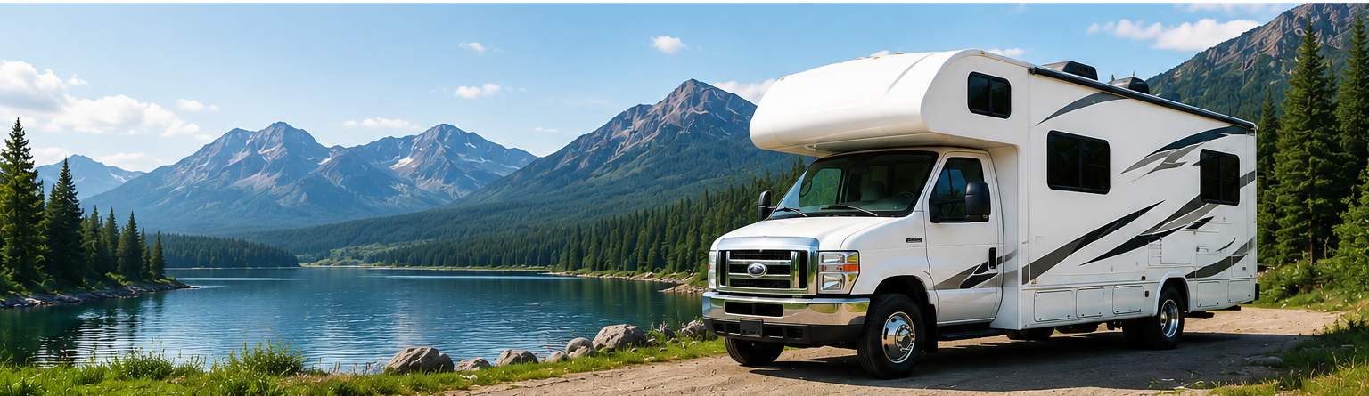 Class C RV parked beside a mountain lake.